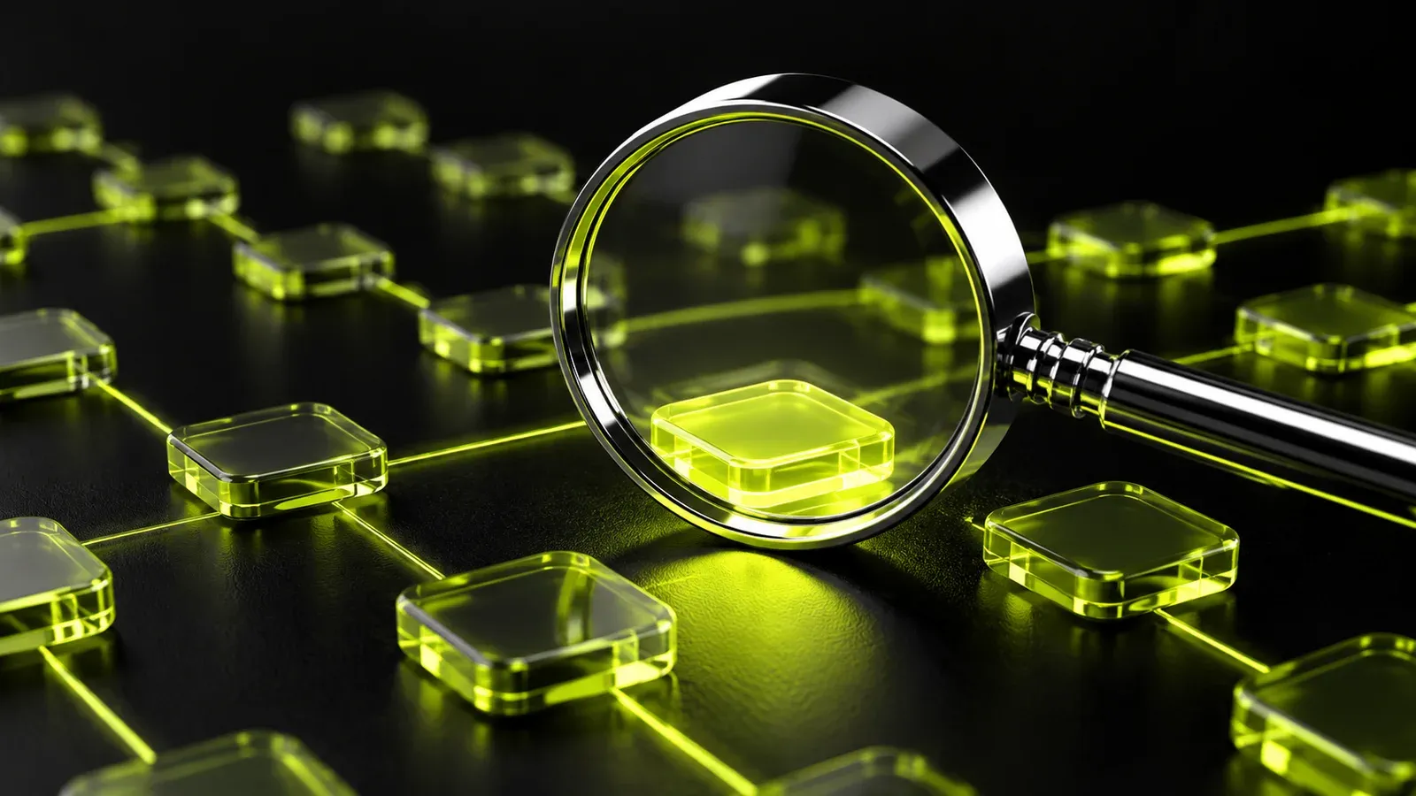 Lupa cromada sobre una red de módulos verde lima, representación de una investigación de palabras clave.